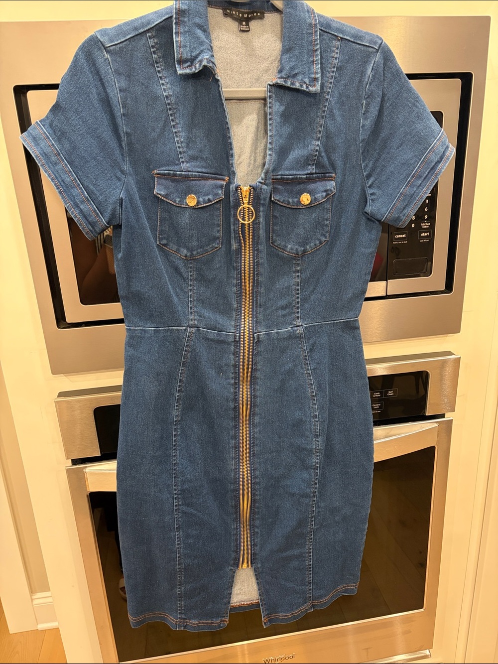 Denim Zip-Front Dress with Gold Hardware